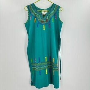 Celiacolunga Handmade in Mexico Hand Embroidered Cotton Teal Dress w/Ties Small